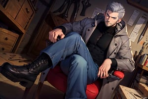 (1 image only), solo male, Munehisa Iwai,  Persona, Asian, Japanese, Weapons Dealer, grey hair, short hair, stubble, grey eyes, sideburns, black turtleneck sweater, long gray coat, open coat, coat hood down, simple blue jeans, black leather boots, mature, masculine, handsome, charming, alluring, lying on chair, (foot on desk, cross legs), pov, perfect anatomy, perfect proportions, (best quality, masterpiece), (perfect eyes), high_resolution, dutch angle, [cowboy shot], weapon workshop