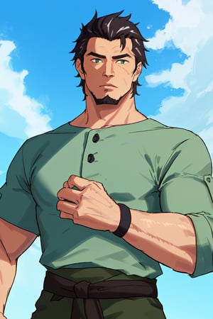 (1 image only), solo male, Kaburagi, Deca Dence, greying black hair, slicked back hair, thick eyebrows, sideburns, goatee, green eyes, scar, tucked-in wide necked short-sleeved white shirt, sleeves tucked up and buttoned, short sleeves, olive wide pants, brown boots. black belt tied. leather bracelet, toned male, mature, handsome, charming, alluring, standing, upper body, perfect anatomy, perfect proportions, best quality, masterpiece, high_resolution, dutch angle, cowboy shot, outdoors, day, blue sky, science fiction, photo background, (Hands:1.1), better_hands, perfect fingers