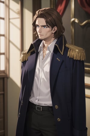 solo male, Graf Granat \(Frieren: Beyond Journey's End\), brown hair, hair parted to one side, facial hair, stubble, blue eyes, sanpaku, white collared shirt, exposed shirt, black pants, matching boots. dark blue coat, open coat, (coat over shoulders), gold epaulettes, mature, handsome, charming, alluring, standing, upper body, perfect anatomy, perfect proportions, best quality, masterpiece, high_resolution, dutch angle, cowboy shot, photo background, palace
