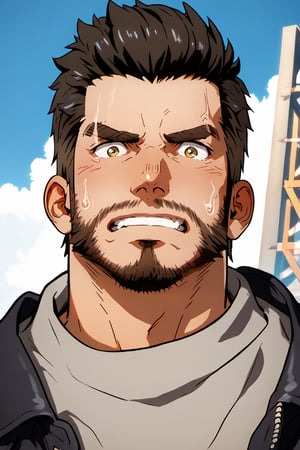 score_9, score_8_up, score_7_up, score_6_up, perfect anatomy, perfect proportions, best quality, masterpiece, high_resolution, high quality, best aesthetic, incredibly absurdres, highres, extremely detailed, huge filesize, mature, masculine, manly, virile, handsome, charming, alluring, bara, male focus, solo male, portrait, headshot, 3d screenshot, close up portrait, 3d, by obsidian studio, film grain, video game screenshot, source_game, official style, Danse, FO4Danse, black hair, short hair, light brown eyes, facial hair, beard, black leather jacket, grey undershirt, serious, mad, angry, nervous, look at viewer, blush, bashful, wide-eyed, outdoors, Fallout 4 location, post-apocalyptic ruins, desolated landscape, dark blue sky, 