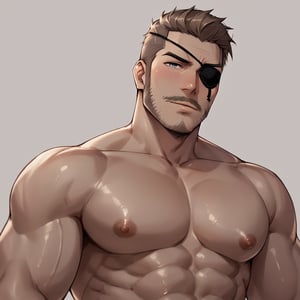 score_9, score_8_up, score_7_up, mns-pose, 1boy, solo, male focus, (Big Boss, blue eyes, left eyepatch, brown hair, facial hair, beard, mustache), masculine, topless, nude, sweaty, wet, shiny skin, looking at viewer, horny, blush, looking down, from below, upper body, close-up, nipples, nipple slip, large pectorals, pectoral focus, sidepec, nude, muscular, muscular male, bara, simple background, (perfect eyes:1.1), ((from below))