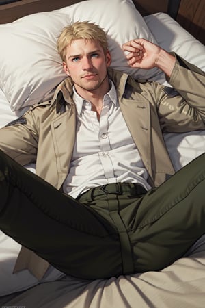 reiner_braun, blond hair, short hair, stubble, 1boy, solo, (extremely detailed CG unity 8k wallpaper), (masterpiece), (best quality), (ultra-detailed), (best illustration), (best shadow), upper body, (lying on bed, on back, spread legs), masculine, handsome, charming, alluring, smirk, awkward, shy, blush, perfect eyes, (white collared shirt, military green pants, open fly), ((widely open brown trench coat, long sleeves)), black socks, perfect anatomy, perfect proportions, perfecteyes