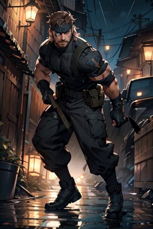 (1 image only), solo male, 1boy, Big Boss, Metal Gear Solid, bslue eyes, brown hair, facial hair, (single eyepatch), (grey headband:1.3), clothing, handsome, mature, charming, alluring, full body in frame, perfect anatomy, perfect proportions, 8k, HQ, (best quality:1.2, hyperrealistic:1.2, photorealistic:1.2, masterpiece:1.3, madly detailed photo:1.2), (hyper-realistic lifelike texture:1.2, realistic eyes:1.2), high_resolution, perfect eye pupil, dutch angle, dynamic, action, raining, night, sneaking pose, genuflect