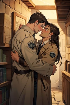 couple, ((2people)), first man giver((Eren Jaeger, ,erenad, black hair, long hair, long straight hair, hair down, stubble, grey-green eyes)), second mature man receiver((reiner braun, blond hair, stubble, hazel eyes, chiseled jaw)), ((uniform, white collared shirt, opem brown trench coat)), different hair style, different hair color, different face, makeout, eye contact, gay, homo, skight shy, charming, alluring, seductive, highly detailed face, detailed eyes, perfect light, 1910s military stone basement, retro, oil lamp light outside frame, (best quality), (8k), (masterpiece), best quality, 1 image, rugged, manly, hunk, perfect anatomy, perfect proportions, perfect perspective, hug,Eren Jaeger 