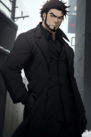 (1 image only), solo male, Genma Shizume, Darker than Black, Asian, Japanese, black hair, chinstrap beard, sideburns, black eyes, thick eyebrows, white collared shirt, black neckti, black jacket, brown overcoat, open overcoat, black pants, black gloves, mature, handsome, charming, allurin, standing, upper body, perfect anatomy, perfect proportions, best quality, masterpiece high_resolution, dutch angle, cowboy shot  