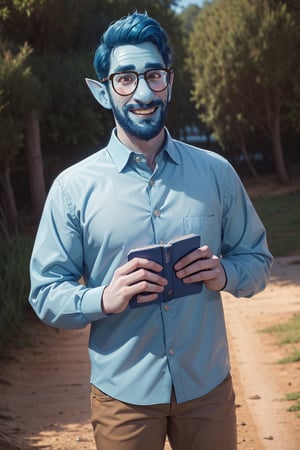 (1 image only), solo male, Wilden Lightfoot, Pixar Animation Onward, (blue skin), dark blue hair, short hair, brown eyes, thick eyebrows, pointy ears, facial hair, beard, black-framed-glasses, (white collared shirt:1.2), khaki pants, mature, bara, dilf, handsome, charming, alluring, smile, standing, upper body, perfect anatomy, perfect proportions, (best quality, masterpiece), (perfect eyes, perfect eye pupil), perfect hands, high_resolution, dutch angle, cowboy shot, green field