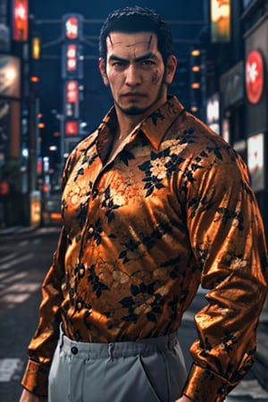 (1 image only), solo male, 1boy, Masaharu Kaito, Yakuza, 38 years old, Asian, Japanese, brown eyes, black hair, short hair, cropped black hair, chinstrap beard, small scar cuts through left eyebrow, handsome, tall and muscular build, orange and yellow and black floral silk button down shirt, light grey dress pants, black slip-on leather loafers, fit body, mature, manly, hunk, masculine, virile, confidence, charming, alluring, upper body in frame, night at Kabukicho Tokyo, perfect anatomy, perfect proportions, 8k, HQ, (best quality:1.5, hyperrealistic:1.5, photorealistic:1.4, madly detailed CG unity 8k wallpaper:1.5, masterpiece:1.3, madly detailed photo:1.2), (hyper-realistic lifelike texture:1.4, realistic eyes:1.2), high_resolution, picture-perfect face, perfect eye pupil, detailed eyes,  perfecteyes, perfecteyes, dutch angle