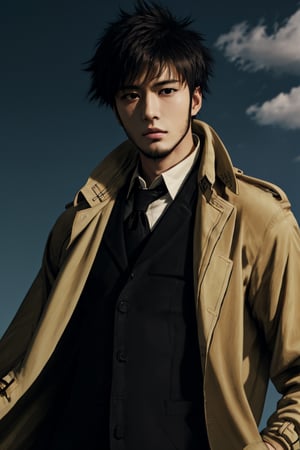 solo male, Genma Shizume, Asian, Japanese, black hair, chinstrap beard, sideburns, black eyes, calm eyes, slitty eyes, (dress in layers), white collared shirt, black necktie, (black suit jacket:1.3), (light brown trench coat, open trench coat:1.3), black pants, black gloves, mature, masculine, handsome, charming, allurin, grin, smile, upper body, perfect anatomy, perfect proportions, (best quality, masterpiece, high_resolution:1.3), perfect eyes, perfecteyes