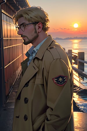 Zeke Yeager, blonde hair, grey-blue eyes, glasses, beard, fit body, (wearing pure white collared shirt, button up shirt:1.3), (unbutton wide open brown trench coat, military green pants, black combat boots:1.2), show chest shirt, mature, DILF, masculine, virile, charming, alluring, calm eyes, (standing), (upper body in frame), simple background(1910s harbor, sunset on ocean, endless ocean, nightfall), backlight, orange sky, perfect light, only1 image, perfect anatomy, perfect proportions, perfect perspective, 8k, HQ, (best quality:1.5, hyperrealistic:1.5, photorealistic:1.4, madly detailed CG unity 8k wallpaper:1.5, masterpiece:1.3, madly detailed photo:1.2), (hyper-realistic lifelike texture:1.4, realistic eyes:1.2), picture-perfect face, perfect eye pupil, detailed eyes, realistic, HD, UHD, (front view, symmetrical picture, vertical symmetry:1.2), look at viewer, face focus