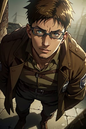 Abel, Attack on Titan, Shingeki no Kyojin, Scout Regiment, uniform of the Scout Regiment, green cloak, goggles, thick-rimmed glasses with bands around head, 1boy, solo, male, man, mature, handsome, manly, blond_hair, short hair, light stubble on chin and cheekbones, intense gaze, gentle expression, soft expression, masculine, handsome, charming, alluring, rugged, black trench coat, black pants, grey vest, dark red cravat, (standing), (full body in frame), simple background, dark atmosphere, perfect light, perfect anatomy, perfect proportions, perfect perspective, 8k, HQ, (best quality:1.5, hyperrealistic:1.5, photorealistic:1.4, madly detailed CG unity 8k wallpaper:1.5, masterpiece:1.3, madly detailed photo:1.2), (hyper-realistic lifelike texture:1.4, realistic eyes:1.2), picture-perfect face, perfect eye pupil, detailed eyes, realistic, HD, UHD, (front view:1.2), portrait, looking outside frame,perfecteyes,(MkmCut),AttackonTitan