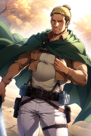 score_9, score_8_up, score_7_up, score_6_up, perfect anatomy, perfect proportions, best quality, masterpiece, high_resolution, high quality, best aesthetic, incredibly absurdres, highres, extremely detailed, huge filesize, mature, masculine, manly, virile, handsome, charming, alluring, bara, male focus, solo male, portrait, headshor, smile, dutch angle, WIT style, source_anime \(Attack on Titan\), anime coloring \(Attack on Titan\), Eld Gin, AOTEld, blond hair, middle parting hair, single hair bun, brown eyes, sideburns, facial hair, stubble, Eld_outfit02, paradis military uniform, beige undershirt, tan jacket, cropped jacket, open jacket, chest strap, thigh strap, white pants, (green cloak),  



