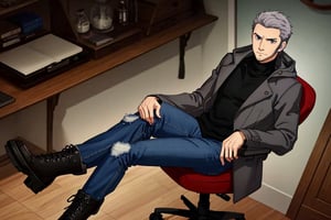 (1 image only), solo male, Munehisa Iwai,  Persona, Asian, Japanese, Weapons Dealer, grey hair, short hair, stubble, grey eyes, sideburns, black turtleneck sweater, long gray coat, open coat, coat hood down, simple blue jeans, black leather boots, mature, masculine, handsome, charming, alluring, lying on chair, feet on desk, perfect anatomy, perfect proportions, (best quality, masterpiece), (perfect eyes), high_resolution, dutch angle, [cowboy shot], weapon shop