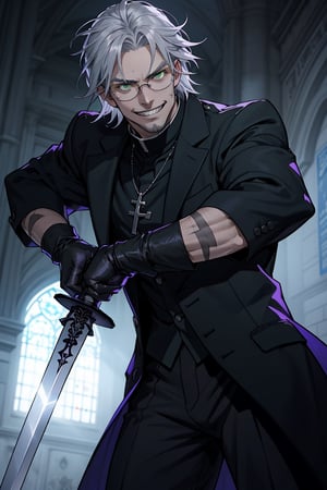 solo male, Alexander Anderson, Hellsing, Catholic priest, short silver-blond hair, green eyes, tanned skin, defined squared jaw, light facial hair, wedge-shaped scar on left cheek, round glasses, black clerical collar shirt with blue trim, black trousers, black boot, (open purple-ish grey coat:1.2), open coat, white gloves, silver cross necklace, (single silver cross), mature, middle-aged, imposing, tall, handsome, charming, alluring, evil grin, upper body, perfect anatomy, perfect proportions, best quality, masterpiece, high_resolution, dutch angle, cowboy shot, photo background, Vatican City, indoor, fighting stance, (dual wielding, holding swords)