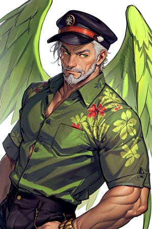 (1 image only), solo male, bara, Hogen, Tokyo Afterschool Summoners, Asain, Japanese, Tengu, old man, white hair, short hair, gold eyes, thick eyebrows, white facial hair, white beard, (small black Tokin headwear), tengu-geta, (untucked shirt:1.5), (green hawaiian shirt, partially unbuttoned shirt), black pants, mature, handsome, charming, alluring, standing, upper body in frame, perfect anatomy, perfect proportions, 2D, anime, (best quality, masterpiece), (perfect eyes, perfect eye pupil), high_resolution, dutch angle, Tokyo city street, better_hands, green wings