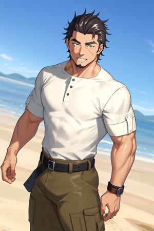 (1 image only), solo male, Kaburagi, Deca Dence, greying black hair, slicked back hair, thick eyebrows, sideburns, goatee, green eyes, scar, tucked-in wide necked short-sleeved white shirt, sleeves tucked up and buttoned, short sleeves, olive wide pants, brown boots. black belt tied. leather bracelet, toned male, mature, handsome, charming, alluring, grin, standing, upper body, perfect anatomy, perfect proportions, best quality, masterpiece, high_resolution, dutch angle, cowboy shot, outdoors, day, blue sky, science fiction, photo background