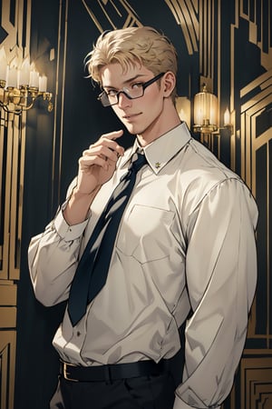 reiner braun, hazel eyes, blond hair, short hair, bare forehead, (stubble:1.2), (wore rectangular spectacles framed glasses:1.2), (light blue collared shirt:1.2, deep blue necktie:1.2, black pants), fit body, manly, hunk, masculine, virile, confidence, charming, alluring, smile, standing, (upper body in frame), 1920s artdeco style room, perfect light, perfect anatomy, perfect proportions, perfect perspective, 8k, HQ, (best quality:1.5, hyperrealistic:1.5, photorealistic:1.4, madly detailed CG unity 8k wallpaper:1.5, masterpiece:1.3, madly detailed photo:1.2), (hyper-realistic lifelike texture:1.4, realistic eyes:1.2), picture-perfect face, perfect eye pupil, detailed eyes, realistic, HD, UHD, look at viewer, solo,art_deco_fusion