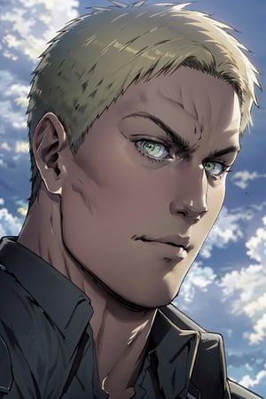 reiner_braun, (blond hair), (hazel eyes:1.3), (aquiline nose:1.2), shaved face, fit body, wearing pure military green collared shirt, handsome, charming, alluring, intense gaze, angled eyebrow, (standing), (upper body in frame), simple background, green plains, cloudy blue sky, perfect light, only1 image, perfect anatomy, perfect proportions, perfect perspective, 8k, HQ, (best quality:1.5, hyperrealistic:1.5, photorealistic:1.4, madly detailed CG unity 8k wallpaper:1.5, masterpiece:1.3, madly detailed photo:1.2), (hyper-realistic lifelike texture:1.4, realistic eyes:1.2), picture-perfect face, perfect eye pupil, detailed eyes, realistic, HD, UHD, (front view:1.2), portrait, looking outside frame,(MkmCut)