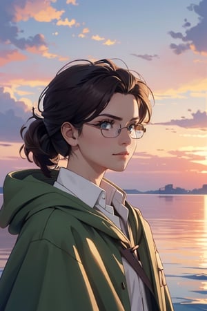 1 girl, HangeAOT, dark brown hair, messy ponytai, light brown eyes, pure white collared shirt, (green scouts cloak), glasses, (black eye patch on left eye), fit body, charming, alluring, (standing), (upper body in frame), simple background, endless ocean, pink cloudy sky, dawn, 1910s harbor, only1 image, perfect anatomy, perfect proportions, perfect perspective, 8k, HQ, (best quality:1.5, hyperrealistic:1.5, photorealistic:1.4, madly detailed CG unity 8k wallpaper:1.5, masterpiece:1.3, madly detailed photo:1.2), (hyper-realistic lifelike texture:1.4, realistic eyes:1.2), picture-perfect face, perfect eye pupil, detailed eyes, realistic, HD, UHD, (front view, symmetrical picture, vertical symmetry:1.2), look at viewer