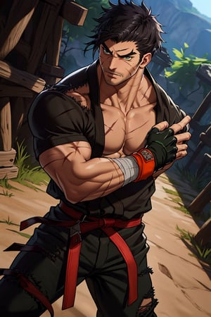 solo male, Grappler, Dungeon Fighter Online, black hair, short hair, brown eyes, thick eyebrows, forked eyebrows, stubble, green eyes, scars on face, scar on cheek, scar on chest, pectorals, pectoral cleavage, rn black dougi, black pants, red martial arts belt, yellow fingerless gloves, barefoot, bandaged hand, toned male, mature, handsome, charming, alluring, serious, fighting stance, upper body, perfect anatomy, perfect proportions, (perfect eyes), best quality, masterpiece, high_resolution, dutch angle, cowboy shot, photo background