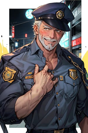 (1 image only), solo male, bara, Hogen, Tokyo Afterschool Summoners, Asain, Japanese, Tengu, old man, white hair, short hair, gold eyes, thick eyebrows, white facial hair, white beard, Japanese police uniform, Japanese police hat, pure aqua-color collared shirt, pure aqua-color sleeves, (black jacket on shoulders), grin, blush, horny, mature, handsome, charming, alluring, standing, upper body in frame, perfect anatomy, perfect proportions, 2D, anime, (best quality, masterpiece), (perfect eyes, perfect eye pupil), high_resolution, dutch angle, (Tokyo city street), better_hands, perfect fingers