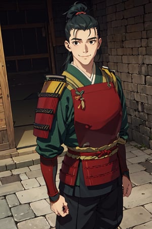 solo male, Shuro \(Delicious in Dungeon\), samurai, black eyes, black hair, ponytail, neat hair, shaved face, energetic, smile, japanese armor, green Juban \(kimono\), breastplate, kusazuri, shoulder armor, sode, kote, puttee, sandals, handsome, charming, alluring, standing, upper body, perfect anatomy, perfect proportions, best quality, masterpiece, high_resolution, dutch angle, cowboy shot, photo background, 