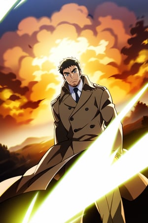 score_9, score_8_up, score_7_up, score_6_up, source_anime, anime coloring, perfect anatomy, perfect proportions, best quality, masterpiece, high-resolution, high quality, aesthetic, absurdres, (male focus), solo male, Blitz T. Abrams, black hair, short hair, sideburns, grey-blue eyes, facial hair, stubble, white collared shirt, black necktie, beige overcoat, long overcoat, closed overcoat, buttoned overcoat, grey pants, adult, mature, masculine, manly, handsome, charming, alluring, portrait, headshot, close-up, dutch angle, photo background, intense eyers, serious, calm, fire explosion behind face,  background,  outdoor, face in shadow, (giant explosion behind hazy air, unflinching walk, backlight, explode), dark atmosphere, front view