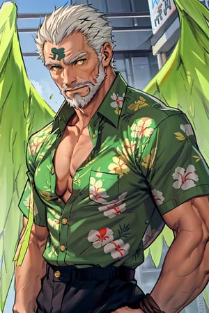 (1 image only), solo male, bara, Hogen, Tokyo Afterschool Summoners, Asain, Japanese, Tengu, old man, white hair, short hair, gold eyes, thick eyebrows, white facial hair, white beard, bare forehead, tengu-geta, (untucked  shirt:1.5), (green hawaiian shirt, partially unbuttoned shirt), black pants, mature, handsome, charming, alluring, standing, upper body in frame, perfect anatomy, perfect proportions, 2D, anime, (best quality, masterpiece), (perfect eyes, perfect eye pupil), high_resolution, dutch angle, Tokyo city street, better_hands, green wings