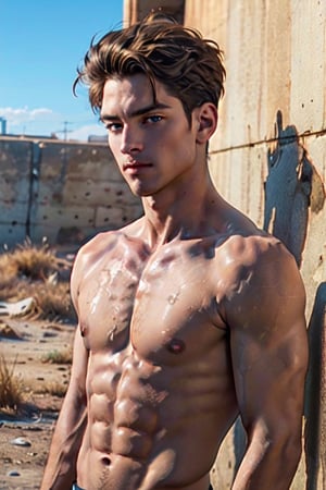 Robert MacCready, blue eyes, light brown hair, (facial hair), (complete topless, shirtless, bottomless, nude:1.5), fit body, handsome, charming, alluring, shy, erotic, dashing, intense gaze, (standing), (upper body in frame), ruined overhead interstate, Fallout 4 location, post-apocalyptic ruins, desolated landscape, dark blue sky, polarising filter, perfect light, only1 image, perfect anatomy, perfect proportions, perfect perspective, 8k, HQ, (best quality:1.2, hyperrealistic:1.2, photorealistic:1.2, madly detailed CG unity 8k wallpaper:1.2, masterpiece:1.2, madly detailed photo:1.2), (hyper-realistic lifelike texture:1.2, realistic eyes:1.2), picture-perfect face, perfect eye pupil, detailed eyes, realistic, HD, UHD, s0ftabs, (bare arms, bare shoulders, bare chest, bare neck:1.5), dutch_angle, side_view ,penerec,(erection penis)