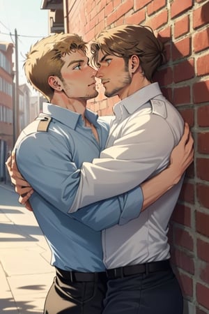 perfect anatomy, perfect proportions, perfect perspective, couple, ((2people)), first man giver (jean_kirstein, brown hair, stubble, light brown eyes),second mature man receiver(reiner braun, blond hair, stubble, hazel eyes), ((pure white collared shirt, fit shirt, roll-up sleeves)), stubble, dilf, different hair style, different hair color, different face, makeout, eye contact, gay, homo, slight shy, charming, alluring, seductive, highly detailed face, detailed eyes, perfect light, on 1910s city wall, military, retro, (best quality), (8k), (masterpiece), best quality, 1 image, rugged, manly, hunk, hug 