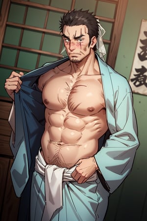 solo male, Gōzaburō Seto, My Bride is a Mermaid, Japanese, short hair, black hair,  black eyes, facial hair, thick eyebrows, scar on face, scar on nose, scar across eye, sideburns, yukata, japanese sandals, mature, handsome, charming, alluring, standing, upper body, perfect anatomy, perfect proportions, best quality, masterpiece, high_resolution, dutch angle, cowboy shot, photo background, undressing, open kimono, bare chest, bare belly, white fundoshi