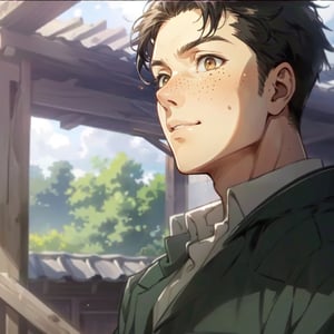 Marco Bodt from Attack on Titan, (short hair:1.2) (black hair, center-parted short hair, very short curtained hair:1.2), (bare forehead:1.2), (light brown eyes, normal size eyes), wearing pure white collared shirt, youthful, freckles, handsome, charming, alluring, friendly, (standing), (upper body in frame), simple background, green plains, cloudy blue sky, perfect light, only1 image, perfect anatomy, perfect proportions, perfect perspective, 8k, HQ, (best quality:1.5, hyperrealistic:1.5, photorealistic:1.4, madly detailed CG unity 8k wallpaper:1.5, masterpiece:1.3, madly detailed photo:1.2), (hyper-realistic lifelike texture:1.4, realistic eyes:1.2), picture-perfect face, perfect eye pupil, detailed eyes, realistic, HD, UHD, (front view:1.2), portrait, looking outside frame
