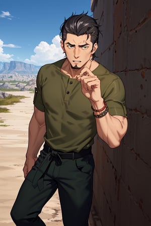 (1 image only), solo male, Kaburagi, Deca Dence, greying black hair, slicked back hair, thick eyebrows, sideburns, goatee, green eyes, scar, tucked-in wide necked short-sleeved white shirt, sleeves tucked up and buttoned, short sleeves, olive wide worker pants, black belt tied, brown boots. simplpe leather bracelet, toned male, mature, handsome, charming, alluring, standing, perfect anatomy, perfect proportions, best quality, masterpiece, high_resolution, dutch angle, outdoors, day, blue sky, science fiction, citadel on sky, photo background, better_hands, (perfect hand, perfect fingers:1.4)