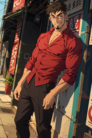 (1 image only), solo male, Jay Chiang, Great Pretender Razbliuto, Asian, Taiwanese, modern Taipei city, 2d, anime, flat, black hair, short hair, high fade, goatee, thick eyebrows, brown eyes, silver glasses, (pure red collared shirt, red sleeves rolled up:1.2), suit pants, socks, leather shoes, smile, mature, handsome, charming, alluring, standing, upper body, perfect anatomy, perfect proportions, (best quality, masterpiece), (perfect eyes:1.2), perfect hands, high_resolution, dutch angle 