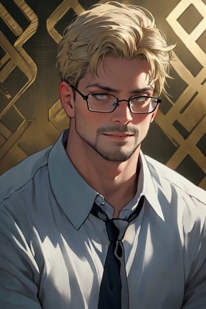(1 image only), solo male, reiner braun, hazel eyes, blond hair, short hair, bare forehead, (facial hair, stubble), (black glasses1.2), (pure light-blue collared shirt1.2, deep-blue necktie:1.2, black pants), (tucked-in shirts), mature, manly, hunk, masculine, virile, confidence, charming, alluring, slight smile, standing, upper body in frame, (1920s artdeco style luxury black and gold pattern background:1.2), perfect anatomy, perfect proportions, 8k, HQ, (best quality:1.5, hyperrealistic:1.5, photorealistic:1.4, madly detailed CG unity 8k wallpaper:1.5, masterpiece:1.3, madly detailed photo:1.2), (hyper-realistic lifelike texture:1.4, realistic eyes:1.2), picture-perfect face, perfect eye pupil, detailed eyes,perfecteyes