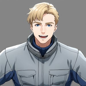 solo male, Lewis Smith \(Brave Bang Bravern\), blond hair, short hair, (blue eyes), (((grey pilot jumpsuit, gray pilot jumpsuit, grey sleeves)), (pov, portrait, close-up, headshot, looking at viewer), mature, handsome, charming, alluring, muscular, beefy, happy, smile, open mouth, affectionate eyes, standing, upper body, perfect anatomy, perfect proportions, best quality, masterpiece, high_resolution, dutch angle, cowboy shot, simple background, 