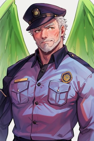 (1 image only), solo male, bara, Hogen, Tokyo Afterschool Summoners, Asain, Japanese, Tengu, old man, white hair, short hair, gold eyes, thick eyebrows, white facial hair, white beard, Japanese police uniform, Japanese police hat, pure aqua-color collared shirt, pure aqua-color sleeves, mature, blush, horny, handsome, charming, alluring, standing, upper body in frame, perfect anatomy, perfect proportions, 2D, anime, (best quality, masterpiece), (perfect eyes, perfect eye pupil), high_resolution, dutch angle, (Tokyo city street), better_hands, green wings,best quality