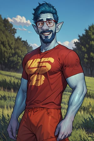 (1 image only), solo male, Wilden Lightfoot, Pixar Animation Onward, blue skin, dark blue hair, short hair, brown eyes, thick eyebrows, pointy ears, facial hair, beard, black-framed-glasses, (red t-shirt:1.2), khaki shorts, mature, bara, dilf, handsome, charming, alluring, smile, standing, upper body, perfect anatomy, perfect proportions, (best quality, masterpiece), (perfect eyes, perfect eye pupil), perfect hands, high_resolution, dutch angle, cowboy shot, green field