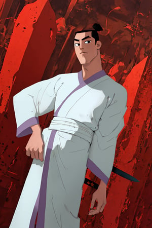 (1 image only), solo male, Samurai Jack, Cartoon Network style, Asian, Japanese, black hair, short topknot, single topknot, black eyes, geta, white kimono, white sashes, wide sleeves, mature, handsome, charming, alluring, uperfect anatomy, perfect proportions, (best quality, masterpiece), perfect hands, high_resolution, dutch angle, cowboy shot, fine art, (2d, flat), (single placket), swordup, looking at viewer, close-up,(Holding sword in front of face)