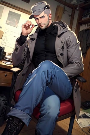 (1 image only), solo male, Munehisa Iwai,  Persona, Asian, Japanese, Weapons Dealer, grey hair, short hair, grey hat, stubble, grey eyes, sideburns, black turtleneck sweater, long gray coat, open coat, coat hood down, simple blue jeans, black leather boots, mature, masculine, handsome, charming, alluring, lying on chair, (foot on desk, cross legs), holding lollipop, pov, perfect anatomy, perfect proportions, (best quality, masterpiece), (perfect eyes), high_resolution, dutch angle, [cowboy shot], weapon workshop