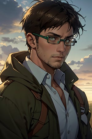 Abel, solo, Attack on Titan, uniform of the Scout Regiment, green cloak, brown eyes, goggles, thick-rimmed glasses with bands around head, light stubble on chin and cheekbones, fit body, handsome, charming, alluring, intense gaze, gentle expression, soft expression, (standing), (upper body in frame), simple background, green plains, cloudy blue sky, perfect light, only1 image, perfect anatomy, perfect proportions, perfect perspective, 8k, HQ, (best quality:1.5, hyperrealistic:1.5, photorealistic:1.4, madly detailed CG unity 8k wallpaper:1.5, masterpiece:1.3, madly detailed photo:1.2), (hyper-realistic lifelike texture:1.4, realistic eyes:1.2), picture-perfect face, perfect eye pupil, detailed eyes, realistic, HD, UHD, (front view:1.2), portrait, looking outside frame,(MkmCut)