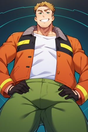 score_9, score_8_up, score_7_up, score_6_up, perfect anatomy, perfect proportions, best quality, masterpiece, high_resolution, high quality, aesthetic, absurdres, solo male, Gagumber, brown hair, two-tone hair, sideburns, facial hair, stubble, green eyes, thick eyebrows, white tank top, orange high-visibility bomber jacket, open jacket, black gloves, green work pants, adult, mature, masculine, manly, handsome, charming, alluring, slight grin, standing, upper body, dutch angle, cowboy shot, hands on hips, ((view from below)), high altitude, science fiction cave city, dark backgound