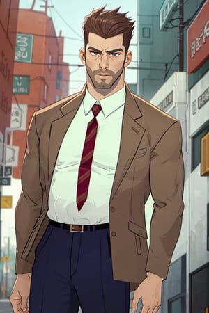 (1 image only), solo male, bara, Chase Devineaux, French, detective, brown hair, short hair, hair slicked back, brown eyes, sideburns, facial hair, broad stubble, white collared shirt, striped brown/red necktie, pure brown suit jacket, pants, mature, handsome, charming, alluring, standing, upper body , perfect anatomy, perfect proportions, 2D, anime, (best quality, masterpiece), (perfect eyes, perfect eye pupil), high_resolution, dutch angle, perfect hands