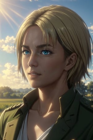 1girl, solo, Nanaba, Attack on Titan, blue eyes, wore standard Survey Corps uniform with a light-colored v-neck underneath, (blond hair) short light hair, petite build, beautiful, handsome female, charming, alluring, gentle expression, soft expression, calm, smile (standing), (upper body in frame), simple background, green plains, sky, dawn light, cinematic light, perfect anatomy, perfect proportions, 8k, HQ, HD, UHD, (best quality:1.5, hyperrealistic:1.5, photorealistic:1.4, madly detailed CG unity 8k wallpaper:1.5, masterpiece:1.3, madly detailed photo:1.2), (hyper-realistic lifelike texture:1.4, realistic eyes:1.2), picture-perfect face, perfect eye pupil, detailed eyes, dynamic, (dutch angle), (facing sunlight:1.5), (side view), AttackonTitan,perfecteyes, Nanaba ,1 girl