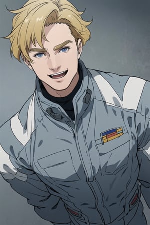 solo male, Lewis Smith \(Brave Bang Bravern\), blond hair, short hair, (blue eyes), (((grey pilot jumpsuit, gray pilot jumpsuit, grey sleeves)), (pov, portrait, close-up, headshot, looking at viewer), mature, handsome, charming, alluring, muscular, beefy, happy, smile, open mouth, affectionate eyes, standing, upper body, perfect anatomy, perfect proportions, best quality, masterpiece, high_resolution, dutch angle, cowboy shot, simple background, 