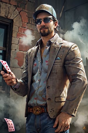 1boy, solo, Ace Visconti, Dead By Dayligh, Argentinian of Italian descent, gambler, grey-streaked hair, facial hair, sunglasses, (cap), damask print shirt, classic jacket, jeans, mature, manly, masculine, handsome, charming, alluring, dashing, smirk, (standing), (upper body in frame), dark background, fog, dark atmosphere, cinematic light, perfect anatomy, perfect proportions, perfect perspective, 8k, HQ, (best quality:1.5, hyperrealistic:1.5, photorealistic:1.4, madly detailed CG unity 8k wallpaper:1.5, masterpiece:1.3, madly detailed photo:1.2), (hyper-realistic lifelike texture:1.4, realistic eyes:1.2), picture-perfect face, perfect eye pupil, detailed eyes, realistic, HD, UHD, portrait, looking outside frame, side view, dynamic, cinematic , floating poker cards