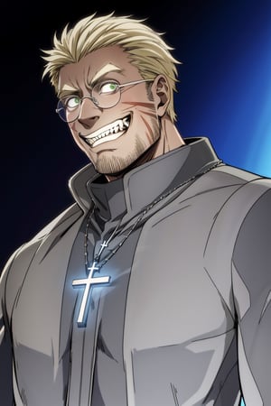 solo male, Alexander Anderson, Hellsing, Catholic priest, short silver-blond hair, green eyes, tanned skin, defined squared jaw, light facial hair, wedge-shaped scar on left cheek, round glasses, opaque glasses, glowing glasses, black clerical collar shirt with blue trim, (grey coat, open coat:1.6), white gloves, silver cross necklace, (single cross, accurate cross:1.2), mature, middle-aged, imposing, tall, handsome, charming, alluring, ((crazy eyes, evil grin)), (portrait, close-up, face focus), face only, perfect anatomy, perfect proportions, best quality, masterpiece, high_resolution, dutch angle, photo background, Vatican City, indoor