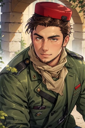 (1 image only), solo male, 1boy, Sadik Adnan, Turkey, Hetalia: Axis Powers, Turkish male, olive-skinned, facial hair, chinstrap stubble, sideburns, shaved philtrum, hairless philtrum, brown eyes, thick dark eyebrows, brown hair, short hair, long green coat, brown pants, knee-high boots, tan scarf, black gloves, grin, handsome, mature, charming, alluring, upper body in frame, perfect anatomy, perfect proportions, 8k, HQ, (best quality:1.2, hyperrealistic:1.2, photorealistic:1.2, masterpiece:1.3, madly detailed photo:1.2), (hyper-realistic lifelike texture:1.2, realistic eyes:1.2), high_resolution, perfect eye pupil, dutch angle,perfecteyes, red fez hat