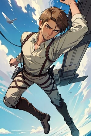 Jean Kirstein(brown hair, stubble, light brown eyes), ((pure white collared shirt, fit shirt)), mature, manly, hunk, charming, alluring, seductive, highly detailed face, detailed eyes, perfect light, ((flying on blue sky, dangling)), simple background, empty sky with cloud, (best quality), (8k), (masterpiece), best quality, 1 image, perfect anatomy, perfect proportions, perfect perspective, (AttackonTitan, wearing Omni-directional mobility gear), ((full body in frame)), dutch angle, dynamic, (Hands:1.1), better_hands
