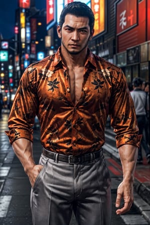 (1 image only), solo male, 1boy, Masaharu Kaito, Yakuza, 38 years old, Asian, Japanese, brown eyes, black hair, short hair, cropped black hair, chinstrap beard, small scar cuts through left eyebrow, handsome, tall and muscular build, orange and yellow and black floral silk button down shirt, light grey dress pants, black slip-on leather loafers, fit body, mature, manly, hunk, masculine, virile, confidence, charming, alluring, upper body in frame, night at Kabukicho Tokyo, perfect anatomy, perfect proportions, 8k, HQ, (best quality:1.5, hyperrealistic:1.5, photorealistic:1.4, madly detailed CG unity 8k wallpaper:1.5, masterpiece:1.3, madly detailed photo:1.2), (hyper-realistic lifelike texture:1.4, realistic eyes:1.2), high_resolution, picture-perfect face, perfect eye pupil, detailed eyes,  perfecteyes, perfecteyes, dutch angle