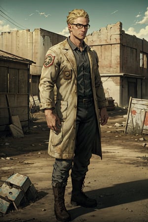 1boy, solo, Arcade Gannon, Fallout: New Vegas, doctor, scientist, 35 years old, tall, blonde hair, short hair, green eyes, wore glasses, handsome, grey collared shirt, white lab coat, military pants, black combat boots, perfect anatomy, perfect proportions, 8k, HD, HQ, (best quality:1.2, masterpiece, madly detailed photo), detailed, perfect face, perfect eye pupil, detailed eyes, high_resolution,perfecteyes, Fallout: New Vegas location, Mojave Wasteland, post-apocalyptic ruins, desolated landscape, dark blue sky